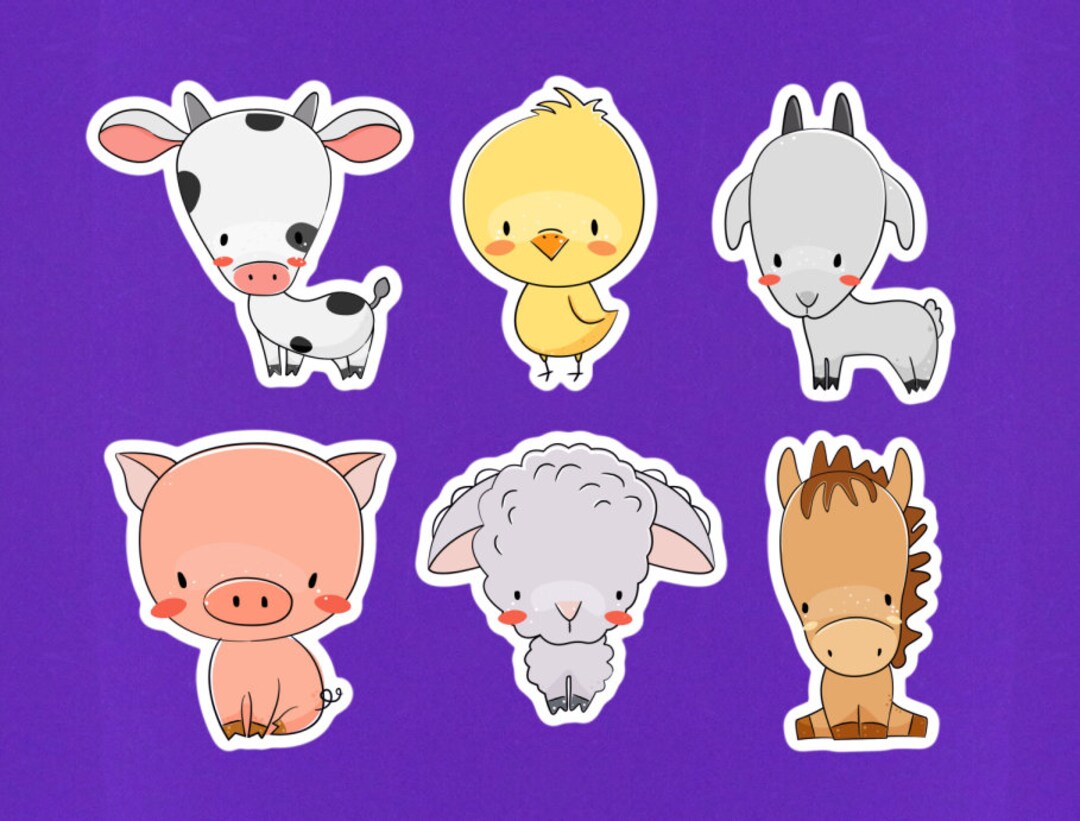 Set of 6 Baby Farm Animal Sticker Pack Approx 2 on Their Longest Side