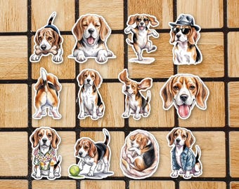 Set Of 12 Beagle Stickers - Cute Dog Sticker Pack - Pet Beagle Gift Mom Dad - Waterproof Vinyl Laptop Stickers - Animal Scrapbook Planner