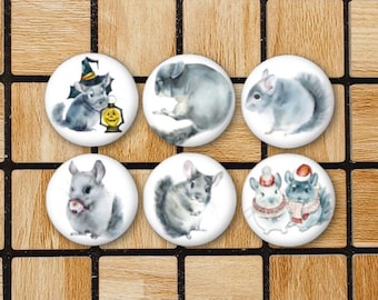 Set Of 6 Chinchilla Magnets Or Pinback Button Pins - 1.25" - Cute Chinchilla Gift For Pet Chinchilla Mom - Cottagecore Fridge Magnets