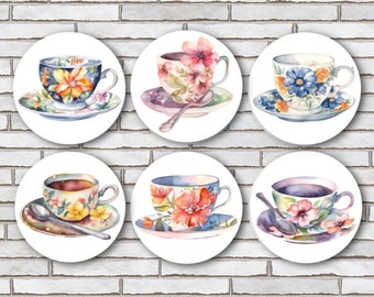 Set Of 6 Flower Tea Cups Magnets or Pinback Button Pins - 1.25" Size - Tea Related Gifts - Floral Vintage Watercolor Decor For Tea Party