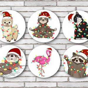 Set Of 6 Cute Animals Wrapped In Christmas Lights Magnets Or Pinback Buttons Pins or Scrapbook Flair Llama Racoon Otter Flamingo Sloth Cat