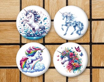 Set Of 4 Unicorn Magnets Or Pinback Buttons - LARGE 2.25" Size - Cute Unicorn Pin - Mythical Creatures - Unicorn Decor For Dorm Home Kitchen