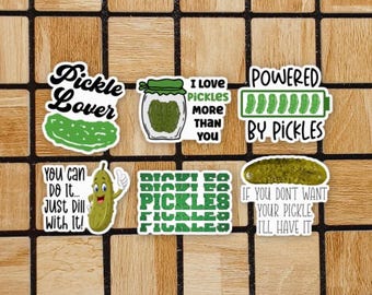 Pickle Sticker Pack - Set Of 6 Pickle Vinyl Stickers - Pickle Gift - Vegan Laptop Sticker - Pickle Lover - 3" Sticker - Funny Food Sticker