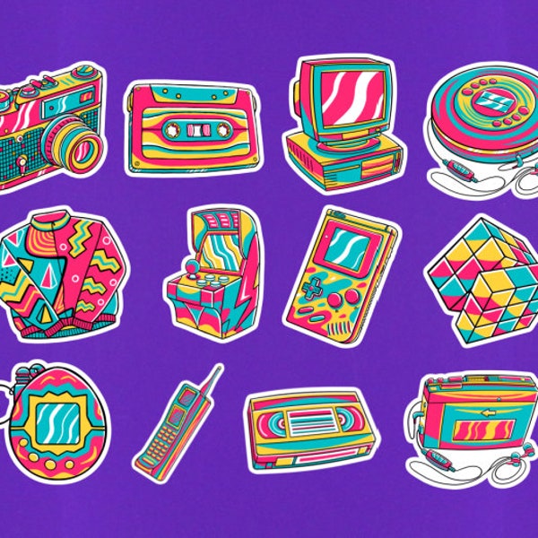 Set Of 12 Different 90's Themed Stickers 2" On Longest Side Retro Toys Vintage Game Camera Mixed Tape Cube Cassette Cell Phone Computer