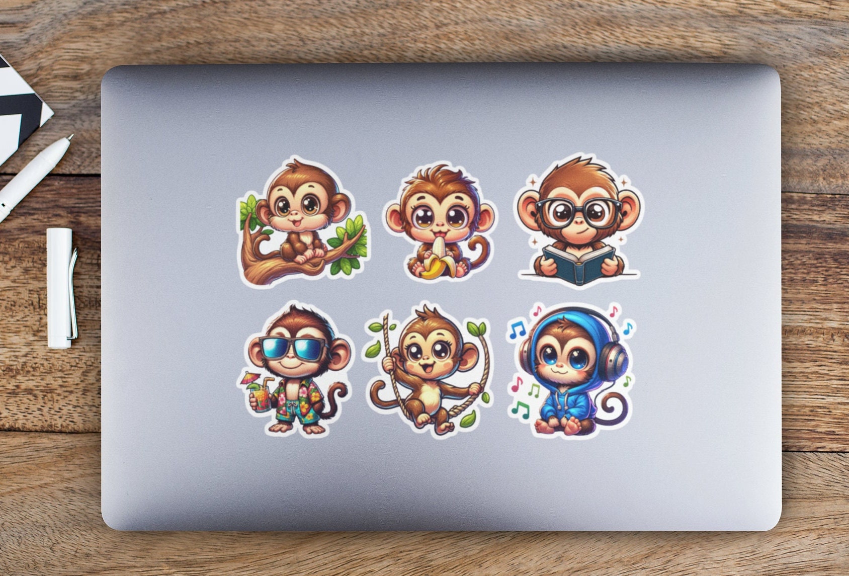 Set of 6 Cute Monkey Stickers - Monkey Sticker Pack - 2" Size - Animal ...