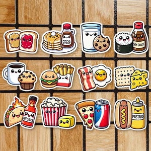 May include: A set of 12 colorful cartoon food stickers featuring various breakfast, lunch, and dinner items. The stickers include a pancake stack with maple syrup, a glass of milk with a cookie, a hot dog with mustard, a taco with hot sauce, a pizza with a soda, a cheeseburger with fries, bacon and eggs, a cup of coffee with a muffin, a peanut butter and jelly sandwich, a sushi roll with soy sauce, popcorn with butter, and a cracker with cheese.