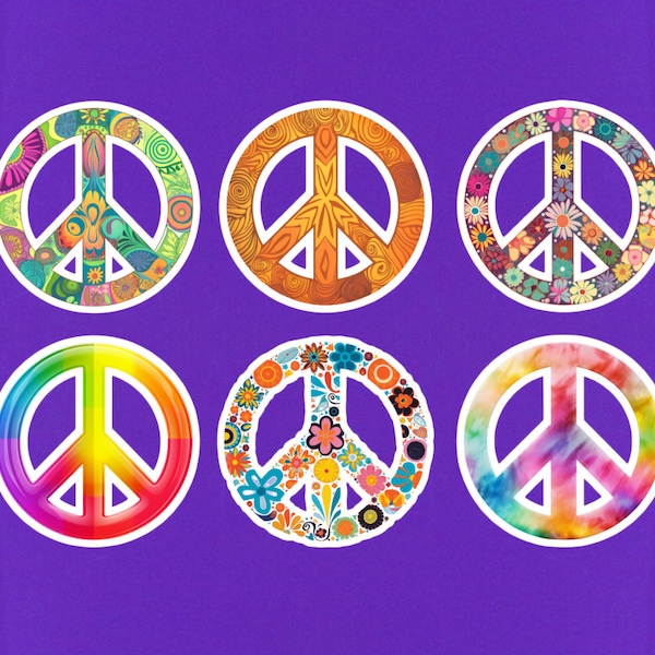 Set Of 6 Peace Sign Sticker Pack - Cute Peace Sticker - Hippie Decor - Retro Laptop Stickers - Die Cut Stickers - Groovy Funky 50s 60s 70s