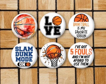 Set Of 6 Basketball Magnets Or Pinback Button Pins - 1.25" Size - Basketball Gift For Basketball Player Coach Or Team - Basketball Decor