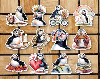 Puffin Vinyl Stickers Set of 12 - Cute Bird Laptop Decals - Waterproof Wildlife Art - Ocean Animal - Seabird Gift For Nature Lover Decor