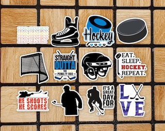 Set Of 12 Mini Hockey Stickers - 2" On Their Long Side - Hockey Sticker Pack -  Hockey Gifts For Hockey Players - Hockey Fan Laptop Stickers