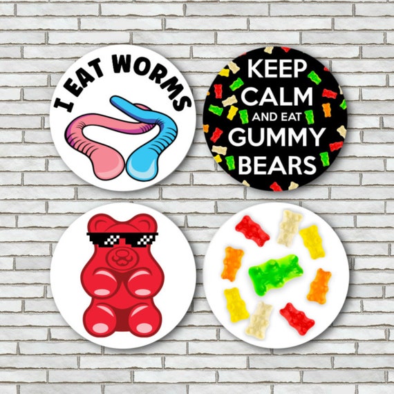 Set of 4 / Gummy Bear Magnets or Gummy Candy Pin Pinback Button / Large  2.25 / Gummy Bear Decor / Gummy Gifts / Gummy Worm Stocking Stuffer 