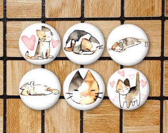 Set Of 6 Watercolor Calico Cat Fridge Magnet Set - 1.25" Size - Calico Gifts - Calico Decor - Calico Pin - Pet Calicos Owner