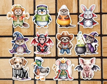 Set Of 12 Halloween Animals In Costume Vinyl Stickers - 2" or 3" Die-Cut Vinyl Stickers - Waterproof Water Bottle Decal - Laptop Stickers