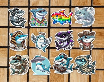 Shark Sticker Pack of 12 Vinyl Stickers -  2" Die Cut Stickers - Shark Laptop Stickers - Gift For Shark Lover - Cute Shark Gift For Kids