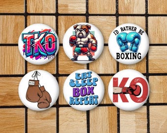 Set Of 6 Boxing Magnets Or Pinback Buttons - 1.25" - Gift For Boxer - Boxing Gifts - Boxing Decor - Sports Fridge Magnets - Boxing Glove Pin