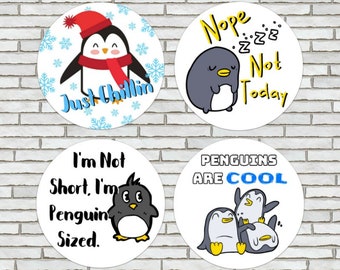 Set Of 4 Large 2.25" Penguin Themed Pinback Buttons Or Magnets  Cute Animal Winter Penguins