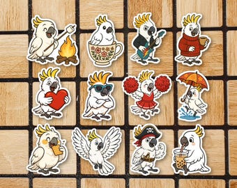 Set Of 12 Cockatoo Stickers - Waterproof Vinyl Sticker Pack - 2" Die Cut Stickers - Cute Bird Laptop Stickers - Cool Animal Computer Decals