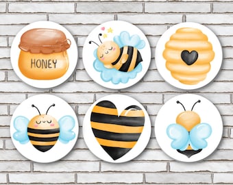 Set Of 6 Bumble Bee Themed 1.25" Pinback Buttons, Magnets or Scrapbook Flair Bee Striped Heart Bumblebee Honey Bee Hive