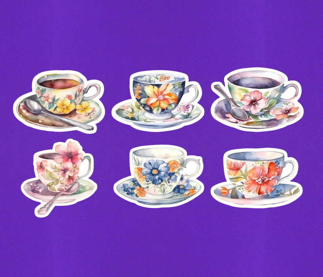 Set of 6 Tea Cup Stickers Watercolor Sticker Pack 2 or 3 Die Cut