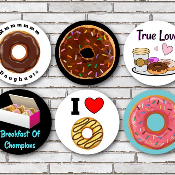 Set Of 6 Doughnut Lover Themed 1.25" or Pinback Buttons, Magnets or Scrapbook Flair I Love Doughnuts Sprinkle Donut