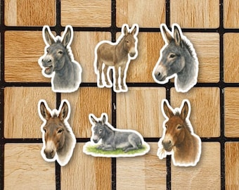Watercolor Donkey Stickers Set Of 6 - 2" or 3" Size Vinyl Sticker Pack - Cute Animal Laptop Sticker  - Waterproof Water Bottle - Mule Burro