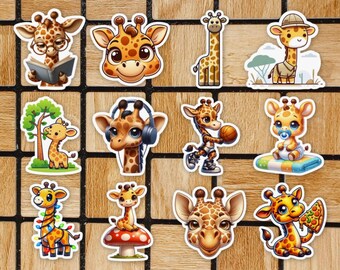 Set Of 12 Giraffe Stickers Vinyl - 2" Die Cut Stickers Pack - Cute Giraffe Sticker - Safari Zoo Animal Laptop Stickers - Giraffe Gifts