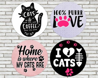 Cute Cat Magnets, Cat Pins, Cat Pinback Buttons, Funny Cat Magnet, Funny Magnet Set, Cat Lover Gift, Cat Lady Gift, Cat Mom, Set Of 4, 2.25"