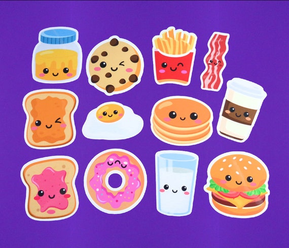 Set of 12 Cute Kawaii Food Stickers Approx 2 on Longest Side Donut Fries  Hamburger Cookie Bacon Egg Laptop Sticker Food Sticker Pack 