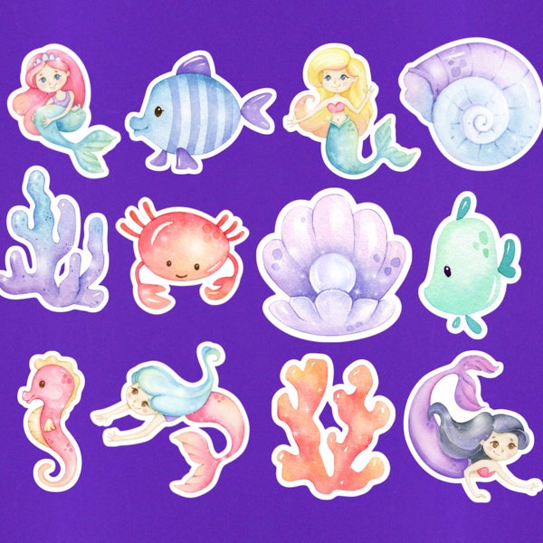 Set Of 12 Beach Stickers / 2" Mini Stickers / Summer Ocean Crustaceancore Laptop Stickers / Mermaid Coral Fish Crab Seashell Seahorse