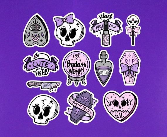 Set of 12 Creepy Girl Emo Goth Stickers 2 on Their Longest Side Sticker  Pack Girlie Goth Stickers Casket Planchette Knife Skull Lipstick 