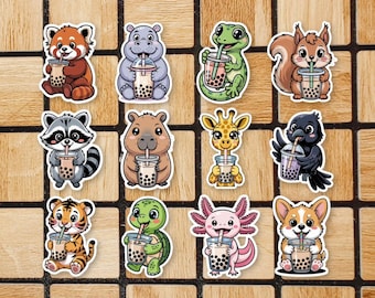 Set Of 12 Boba Tea Stickers -  Cute Kawaii Animal Sticker Pack - 2" Die Cut Waterproof Laptop Sticker Water Bottle - Boba Tea Lover Gifts