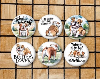 Set of 6 English Bulldog Magnets or Pinback Button Pins or Flatbacks - 1.25" Size - Bulldog Gifts For Bulldog Mom - Watercolor Animal Art