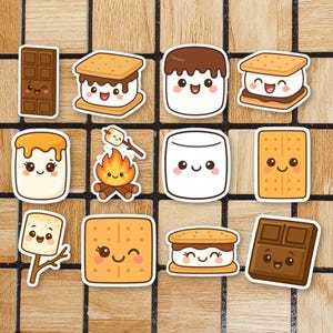 Set Of 12 Cute Kawaii S'mores Stickers - 2" Vinyl Stickers - Marshmallow Chocolate S'more Laptop Sticker - Camping Food Sticker Pack - Smore