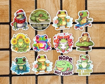 Set Of 12 Funny Frog Stickers - 2" Die Cut Sticker Pack - Cute Animal Laptop Stickers - Frog Lover Gifts - Frog Computer Decals - Frog Puns