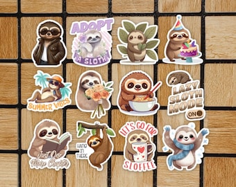 Set Of 12 Sloth Stickers - 2" Die Cut Sticker Pack - Cute Animal Laptop Stickers - Sloth Gifts For Her - Funny Computer Decals - Sloth Mode