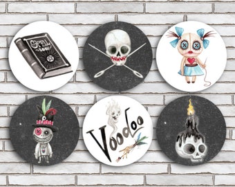 Set Of 6 Voodoo Doll Magnets Or Pinback Button Pins - 1.25" - Halloween Decor - Horror Pin - Goth Girl Backpack Pins - Cajun Horror Gift