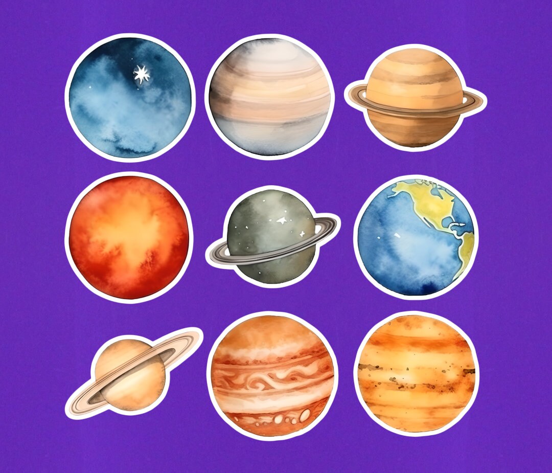 Set of 9 Planet Stickers Assorted 2 Die Cut Stickers Pack Outer Space ...