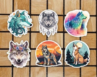 Set Of 6 Wolf Stickers - Custom Size 2" or 3" -  Wolf Sticker Pack - Wolf Gifts - Woodland Animal Laptop Stickers - Wolves Computer Decals