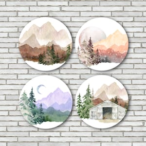 Set Of 4 Watercolor Scenery Forest Tree Mountain Fridge Magnets or Pinback Button Pins 2.25" Unique Watercolor Art White Minimalist Magnets