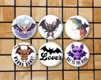 Set Of 6 Bat Magnets Or Pinback Buttons - 1.25" Size - Bat Gifts For Bat Lover - Kawaii Bat Pin - Girl Goth Decor - Funny Bat Accessories
