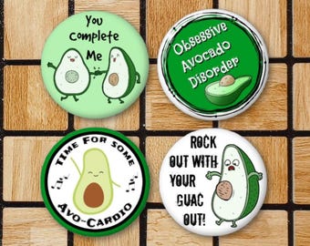 Set Of 4 Avocado Magnets Or Pinback Button Pins - Large 2.25" - Funny Saying Avocado Pin - Cute Vegan Decor - Gifts For Vegetarian - Green