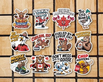 Set Of 12 Cute Canadian Vinyl Stickers - 2" or 3" Die Cut Canada Sticker Pack - Animal Laptop Sticker - Canada Pride Waterproof Water Bottle