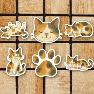 Paquete de 6 pegatinas de gatos calico en acuarela - Tamaño de 2" o 3" - Regalos para amantes de los gatos calico - Pegatinas de vinilo de animales para portátil imagen 1