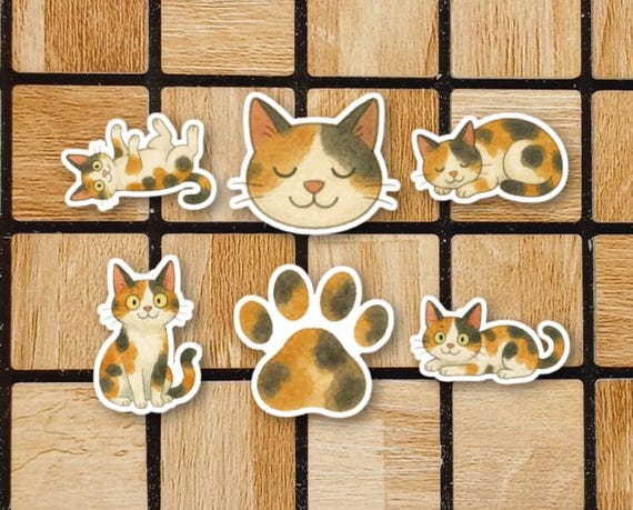 Watercolor Calico Cat Sticker Pack Set Of 6 Stickers - 2" or 3" Size - Calico Cat Gifts For Calico Moms - Vinyl Animal Laptop Stickers Cute