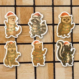Lot de 6 stickers animaux de Noël - Stickers vinyles mignons - 2" ou 3" - Joints pour cartes de voeux de vacances - Stickers saisonniers imperméables pour ordinateur portable