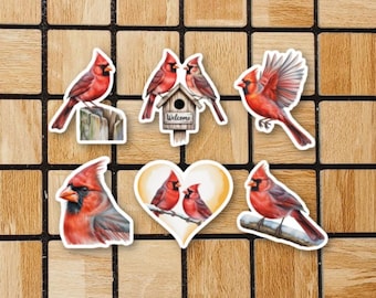 Set Of 6 Watercolor Cardinal Vinyl Stickers - 2" or 3" Die Cut Bird Sticker Pack - Stickers For Laptop - Birdwatching Birdwatcher Gift