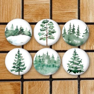 Set Of 6 Watercolor Forest Tree Fridge Magnets or Pinback Button Pins 1.25" Wildlife Trees Snow Watercolor Art White Minimalist Magnets