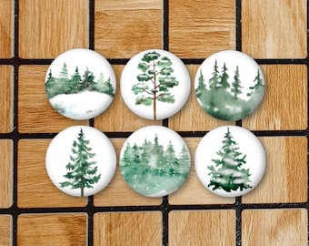 Set Of 6 Watercolor Forest Tree Fridge Magnets or Pinback Button Pins 1.25" Wildlife Trees Snow Watercolor Art White Minimalist Magnets