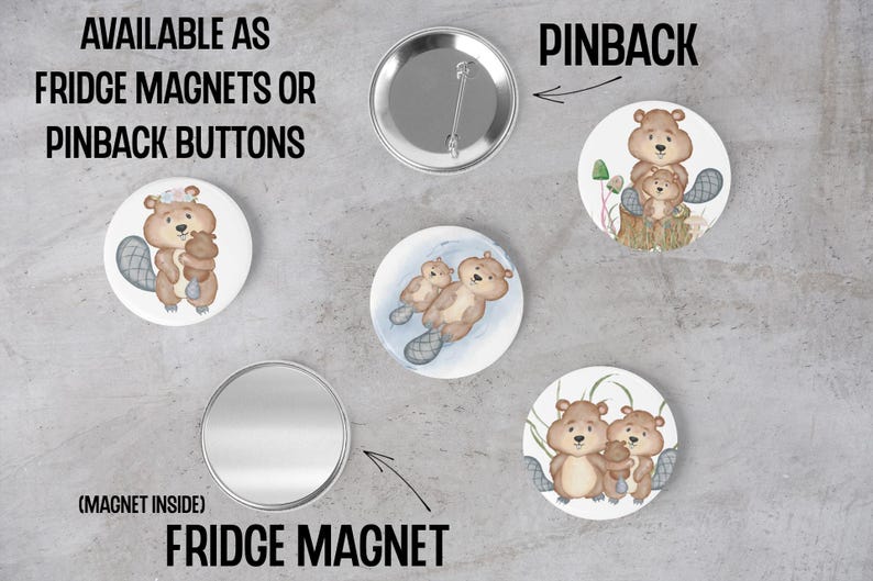 Set of 6 Watercolor Beaver Magnets or Pinback Buttons Pins or Flatbacks ...