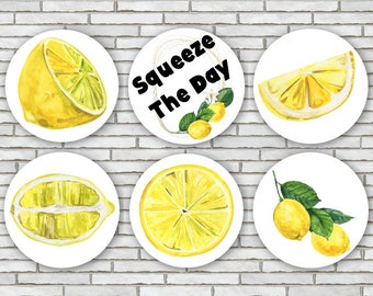 Watercolor Lemon Squeeze The Day Fridge Magnets Or Pinback Buttons Or Scrapbook Flair Yellow White Kitchen Decor Kitchen Magnet Fruit Food